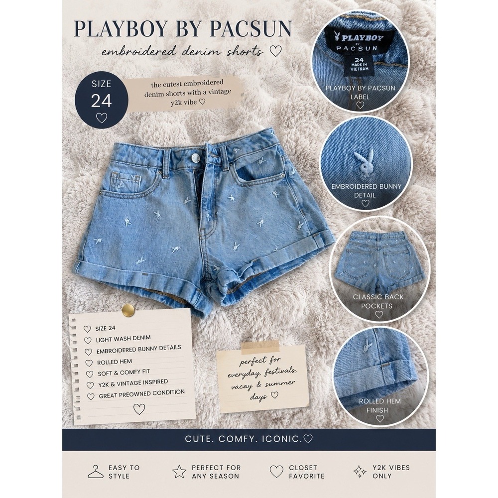 Playboy by PacSun Embroidered Light Blue Denim Shorts Rolled Hem Size 24